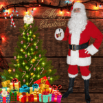 Costume de père noël à côté d'un sapin