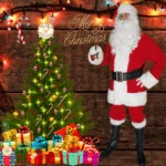 Costume de père noël à côté d'un sapin