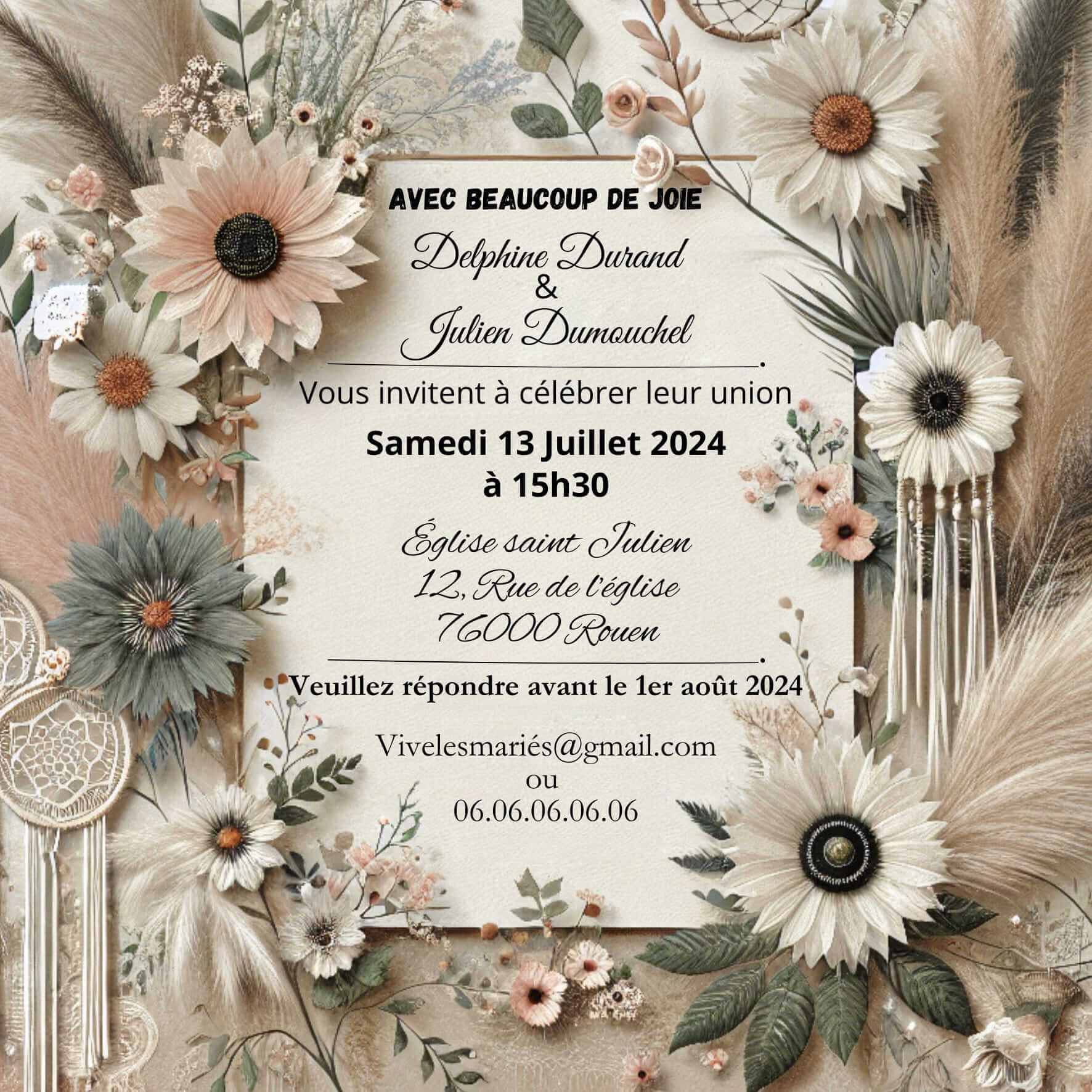 Carte invitation mariage gratuite style bohème à personnaliser sur Canva – Happy Times