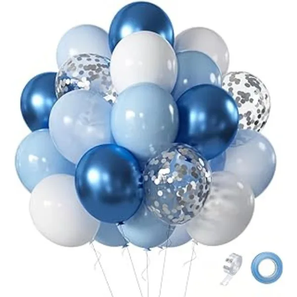 Set de 60 ballons bleu et blanc pour décoration anniversaire
