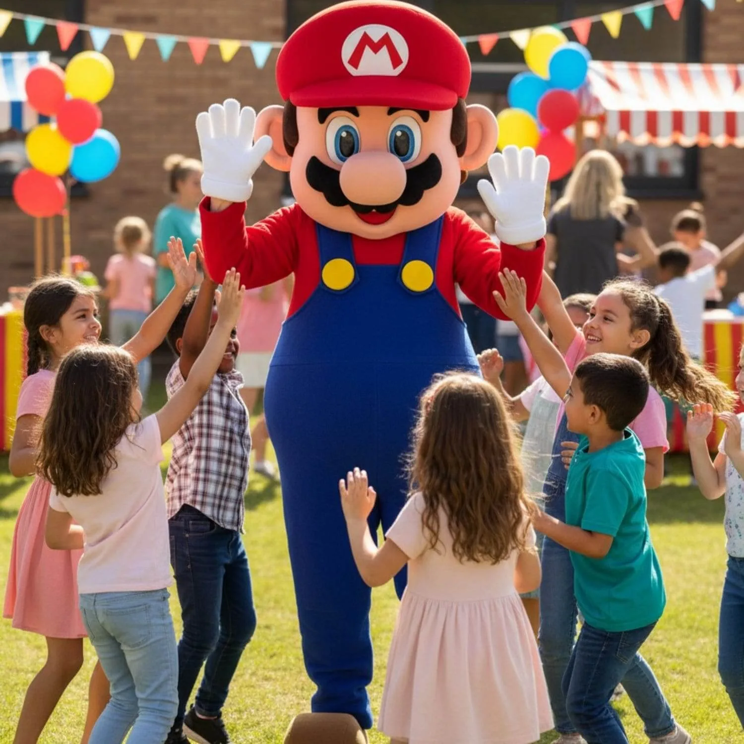 Mascotte Mario faisant un high-five lors d'une animation anniversaire Happy Times en Normandie
