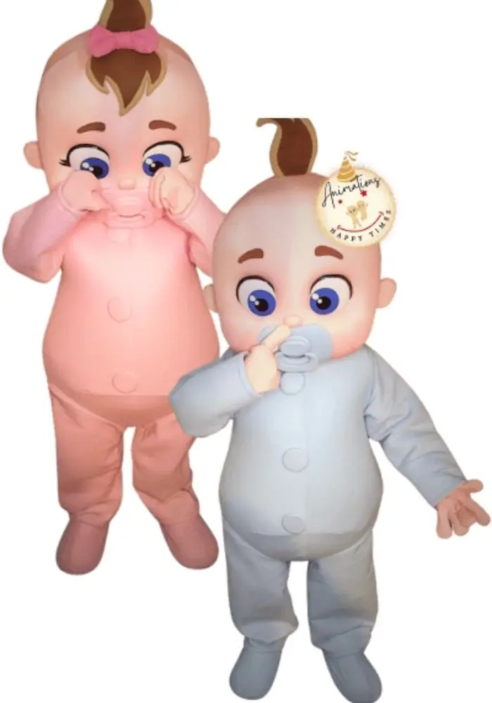 Mascottes baby shower bébé fille et bébé garçon ensemble pour annonce sexe bébé en Normandie - Animations Happy Times