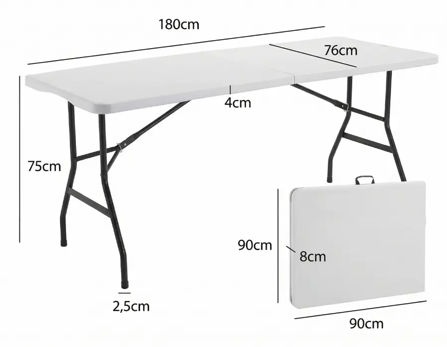Plan des dimensions de la table pliante 180x76 cm hauteur 75 cm