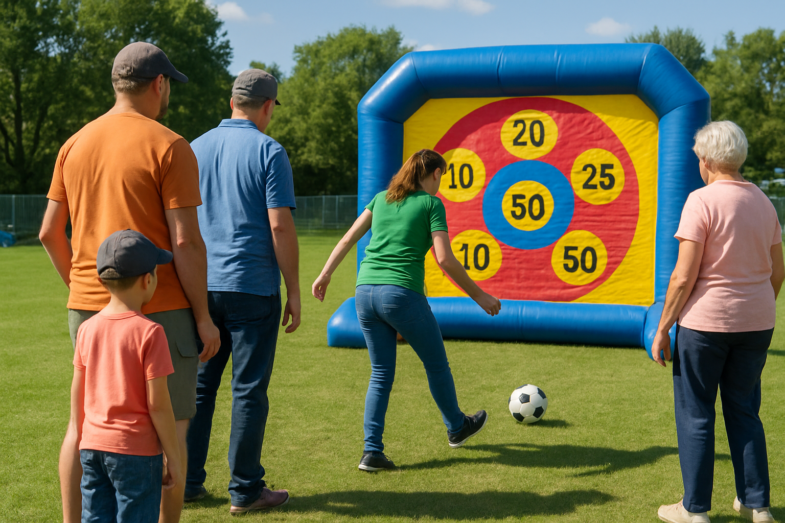 joueurs en équipe devant une cible de football gonflable géante