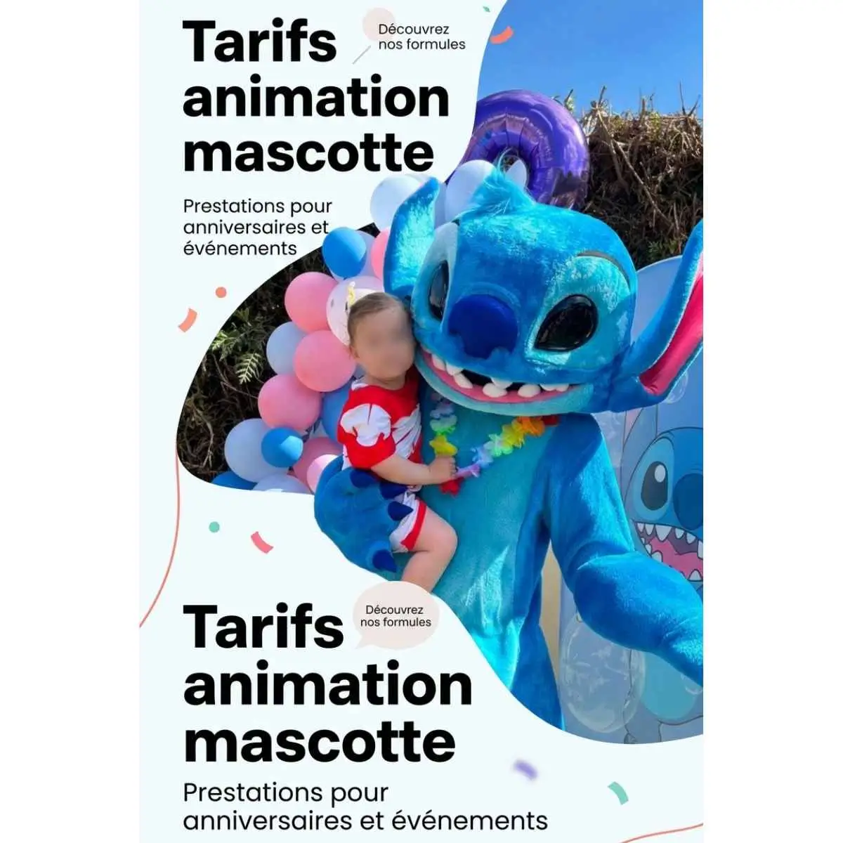 Tarifs animation mascotte : Stitch lors d’un anniversaire enfant avec ballons – Animations Happy Times
