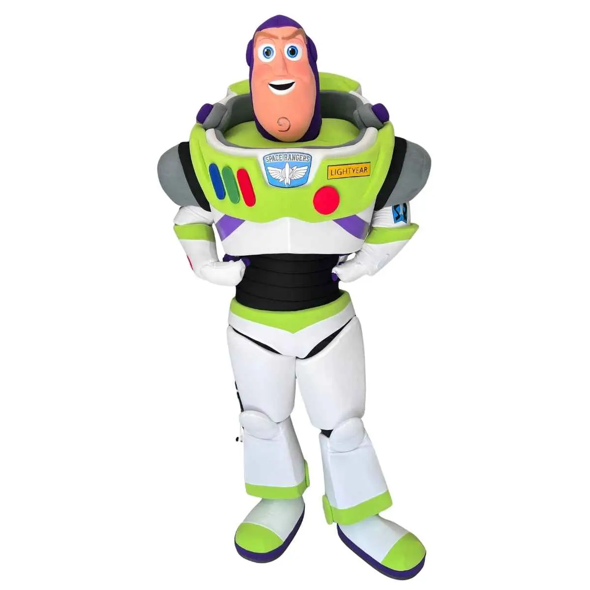 Costume de mascotte Buzz l'Éclair adulte vu de face, casque et armure complète, location en Normandie