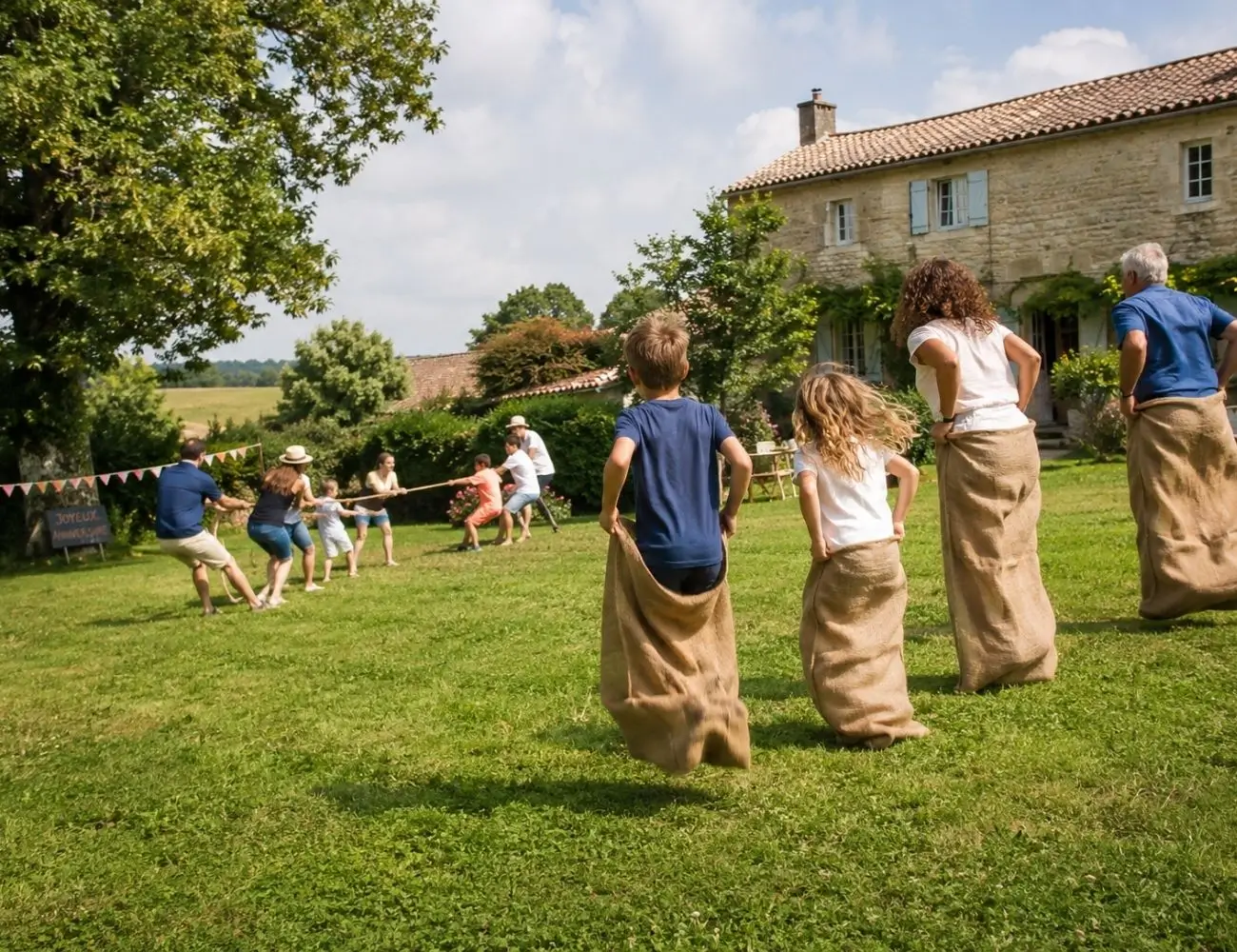 Jeux de plein air lors d'une cousinade en Normandie avec enfants et adultes