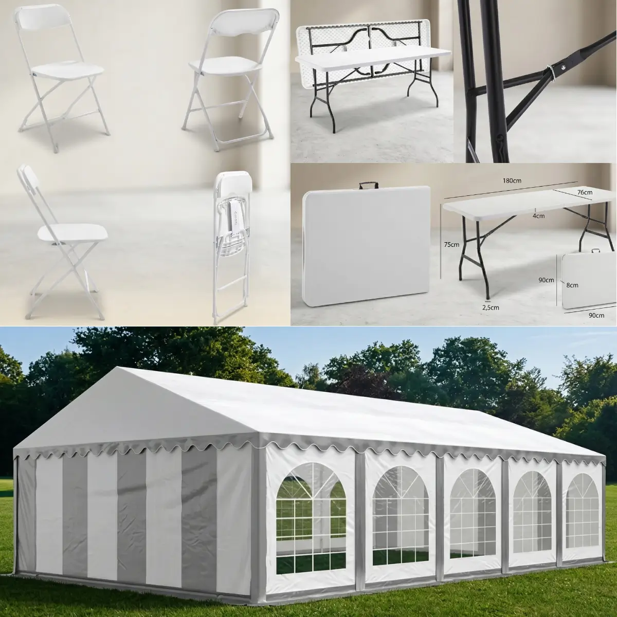 Barnum blanc, table pliante 180 cm dépliée et chaises pliantes blanches à louer en Normandie