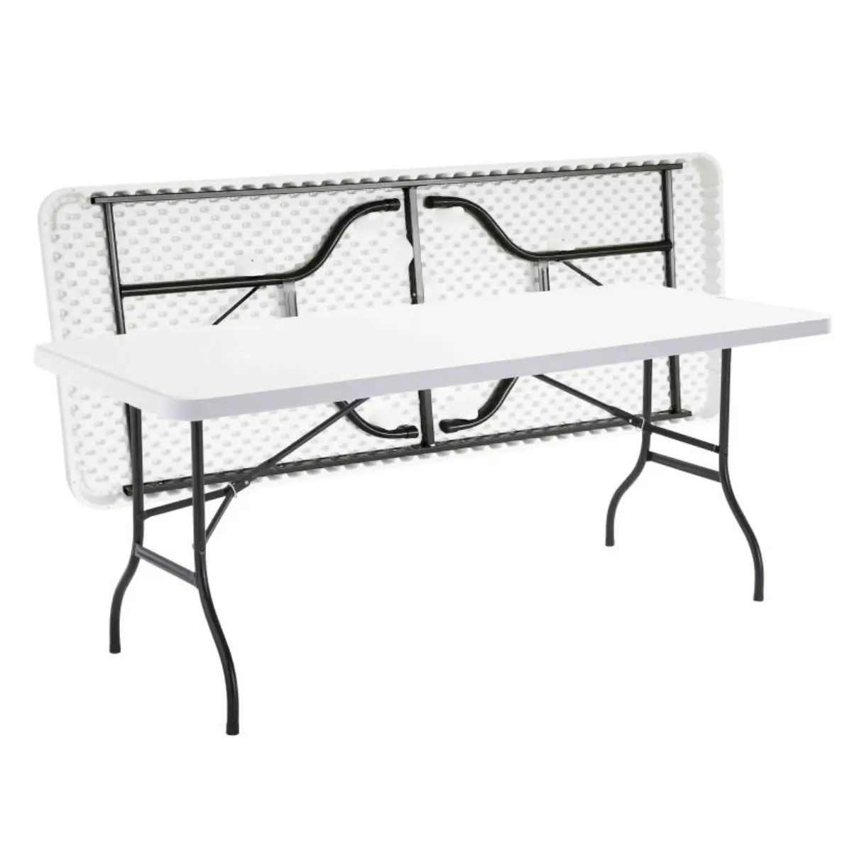 Table pliante 180 cm blanche dépliée, vue d'ensemble avec son piètement, en location en Normandie