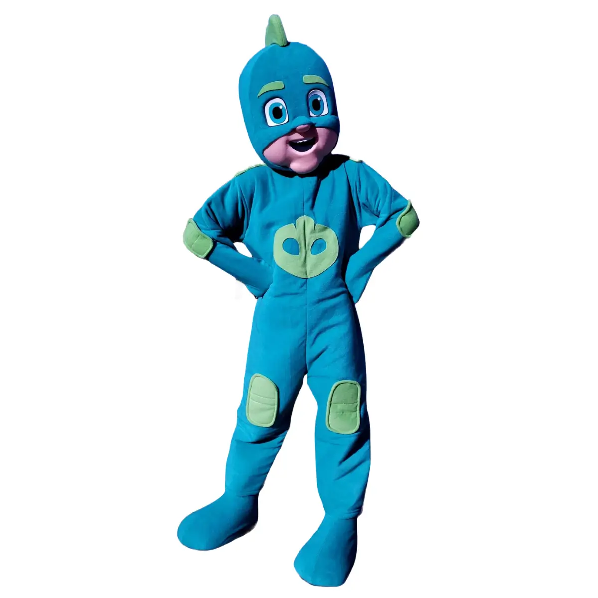 Mascotte Gluglu des Pyjamasques Mascotte Gluglu des Pyjamasques, costume adulte de gecko vert sur fond blanc