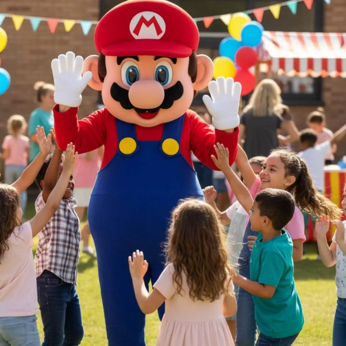 Mascotte faisant un high-five avec un enfant lors d'un anniversaire à domicile en Normandie