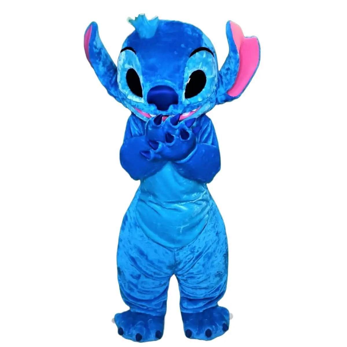 Costume de mascotte Stitch adulte vu en entier, debout sur fond blanc