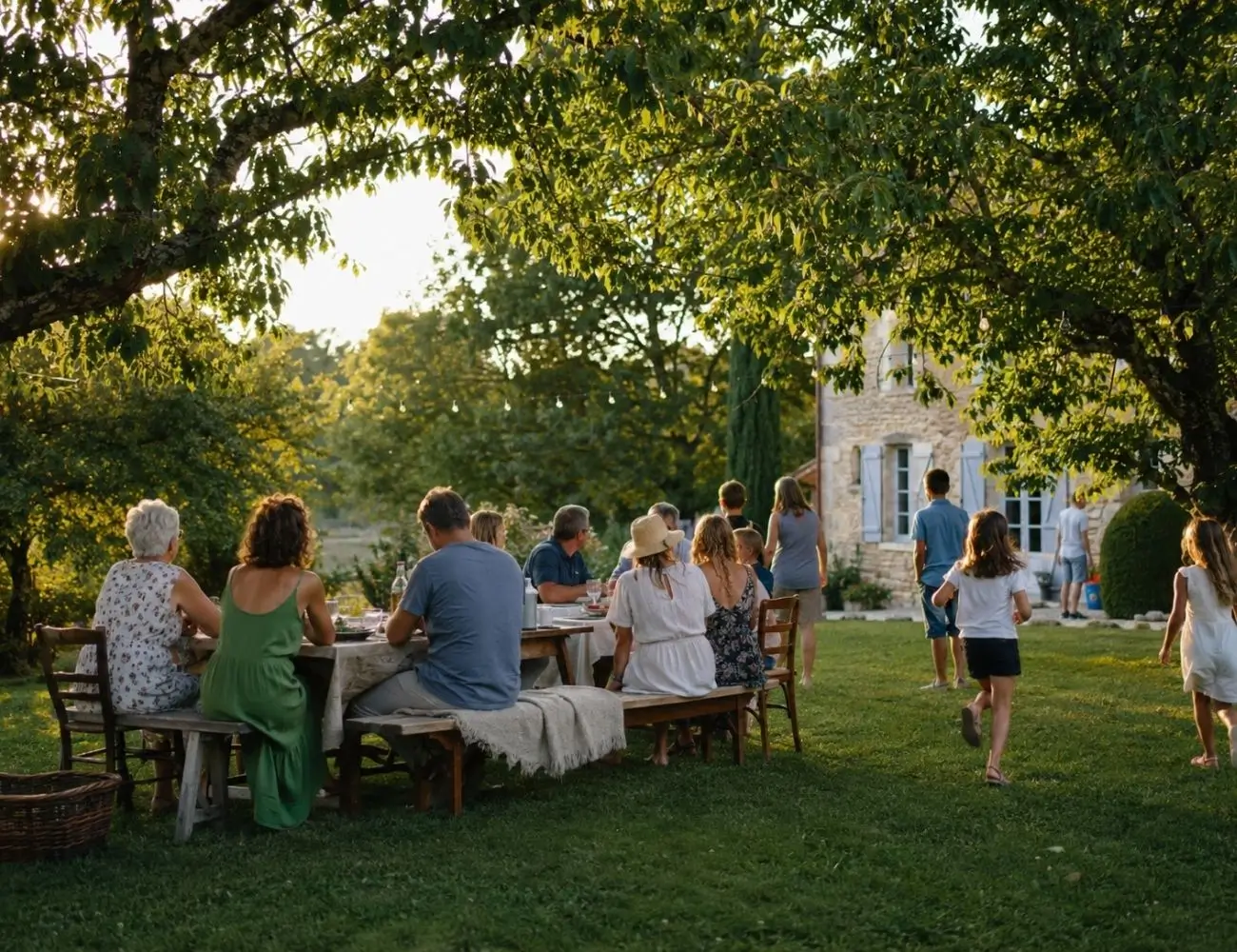 Cousinade en plein air avec plusieurs générations réunies pour des jeux de famille