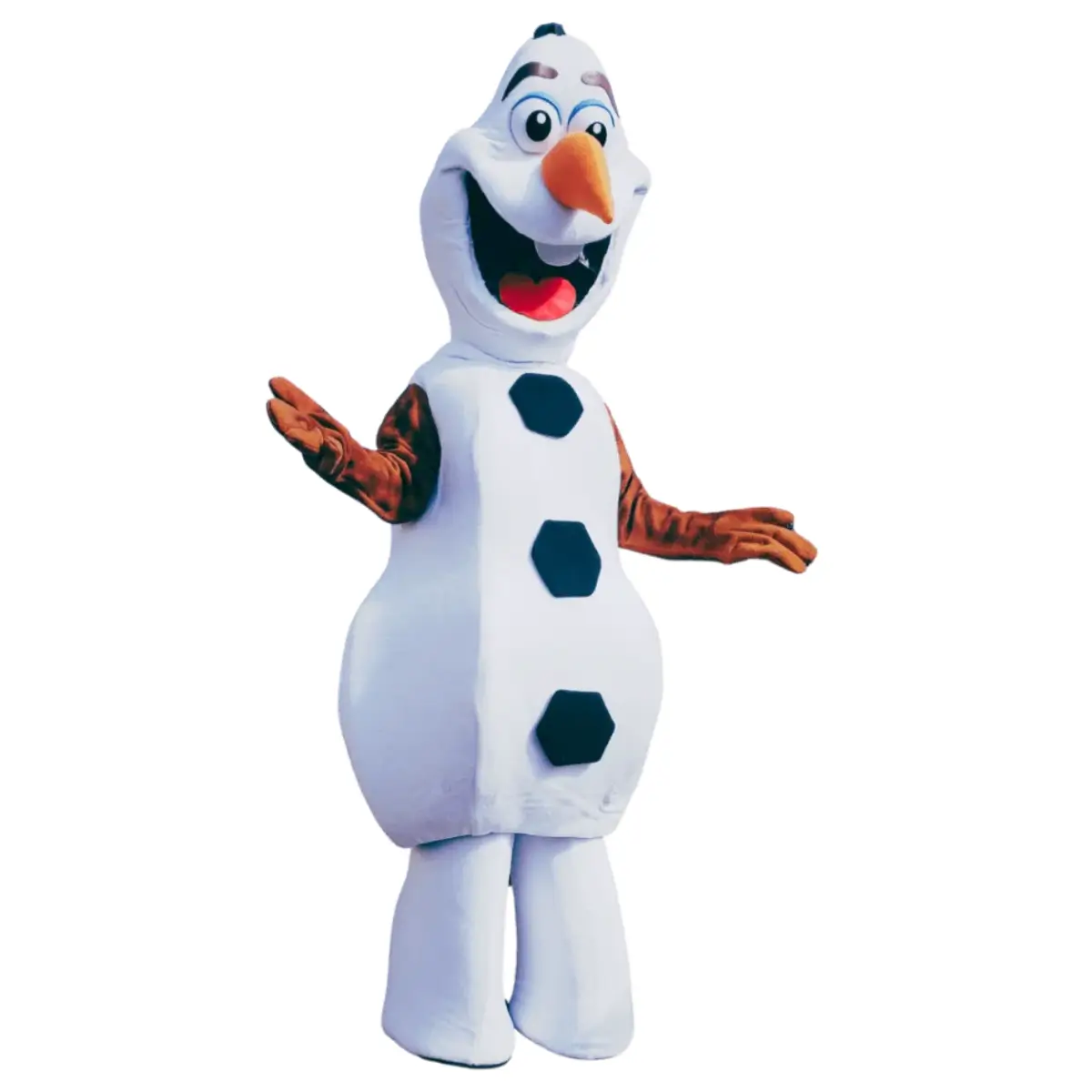 Costume de mascotte Olaf, bonhomme de neige blanc, présenté en pied sur fond blanc