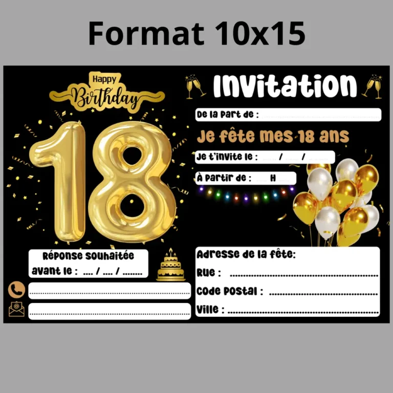 Invitation anniversaire 18 ans au format 10 x 15 cm, une invitation par feuille