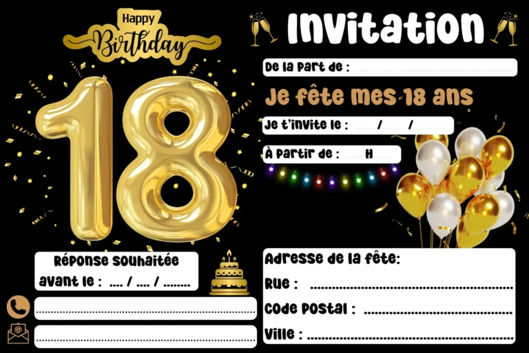 Invitation d'anniversaire 18 ans à imprimer, modèle gratuit avec ballons dorés et champs à compléter
