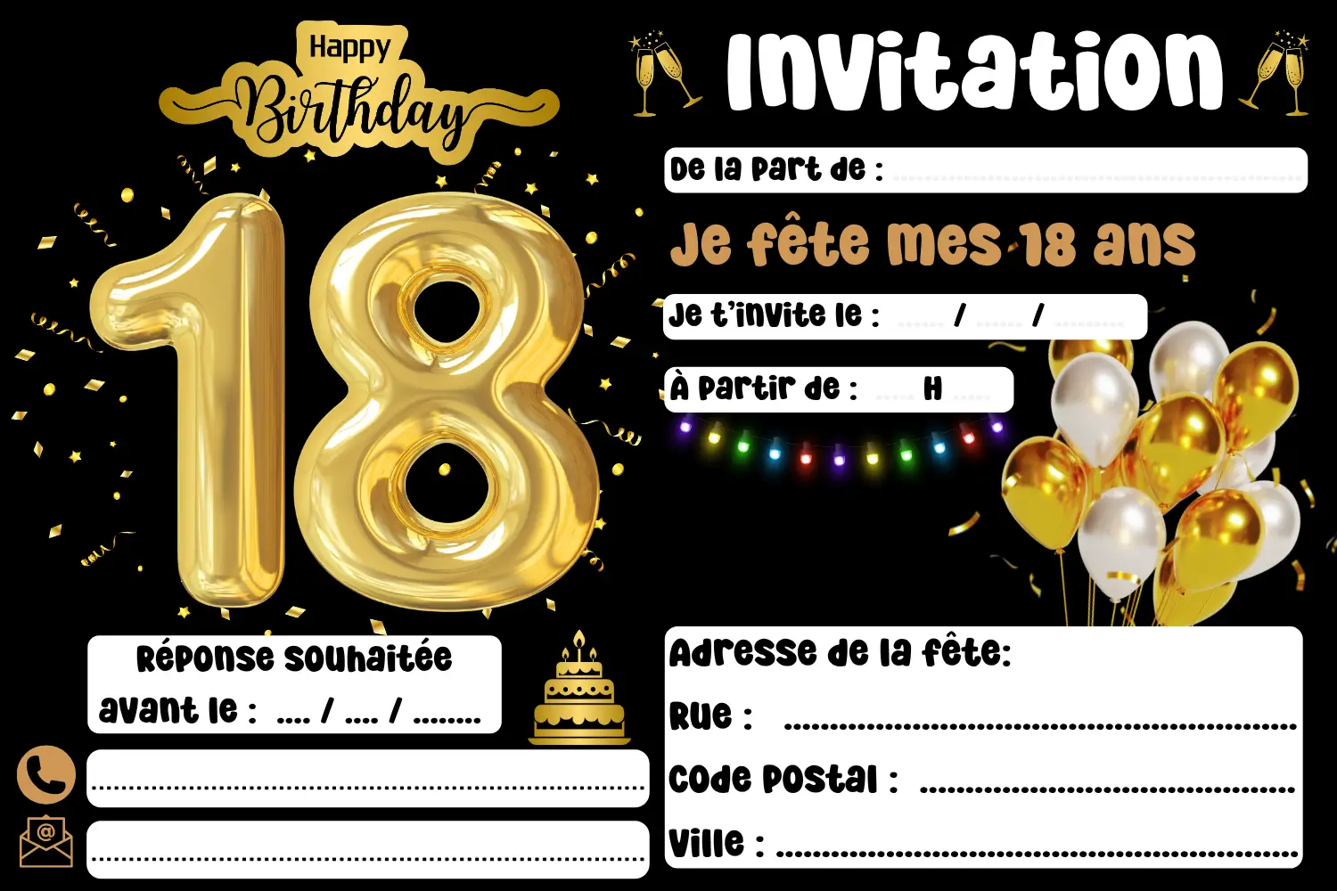 Invitation d'anniversaire 18 ans à imprimer, modèle gratuit avec prénom, date et lieu à compléter