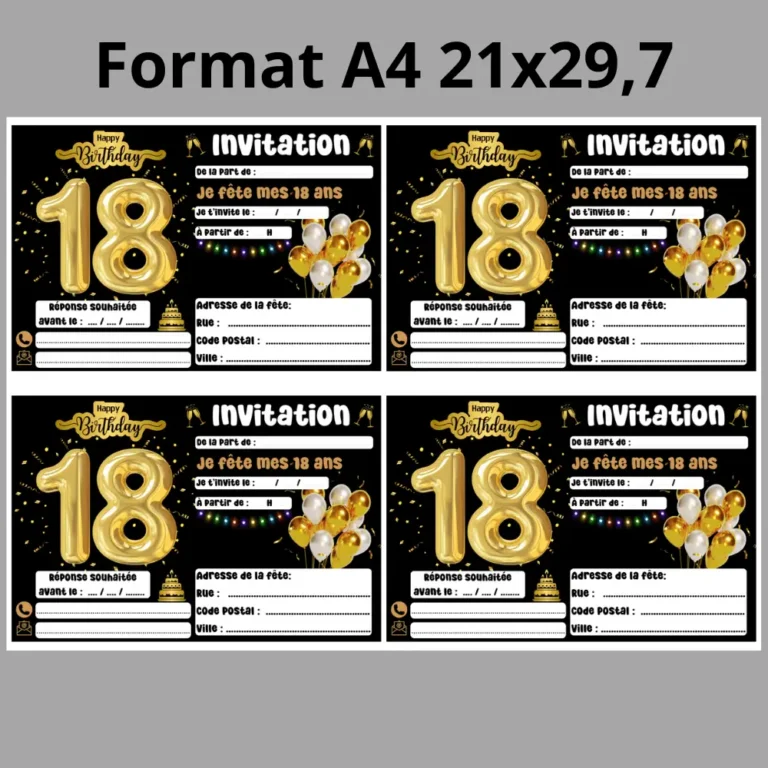 Invitation anniversaire 18 ans au format A4, quatre invitations par feuille