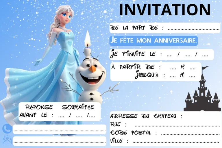 Invitation d'anniversaire Elsa et Olaf à imprimer, modèle gratuit avec prénom, date et lieu à compléter