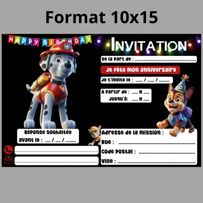 Invitation anniversaire Pat Patrouille au format 10 x 15 cm, une invitation par feuille