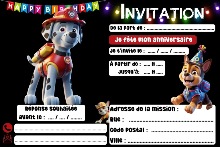 Invitation d'anniversaire Pat Patrouille à imprimer, modèle gratuit avec prénom, date et lieu à compléter