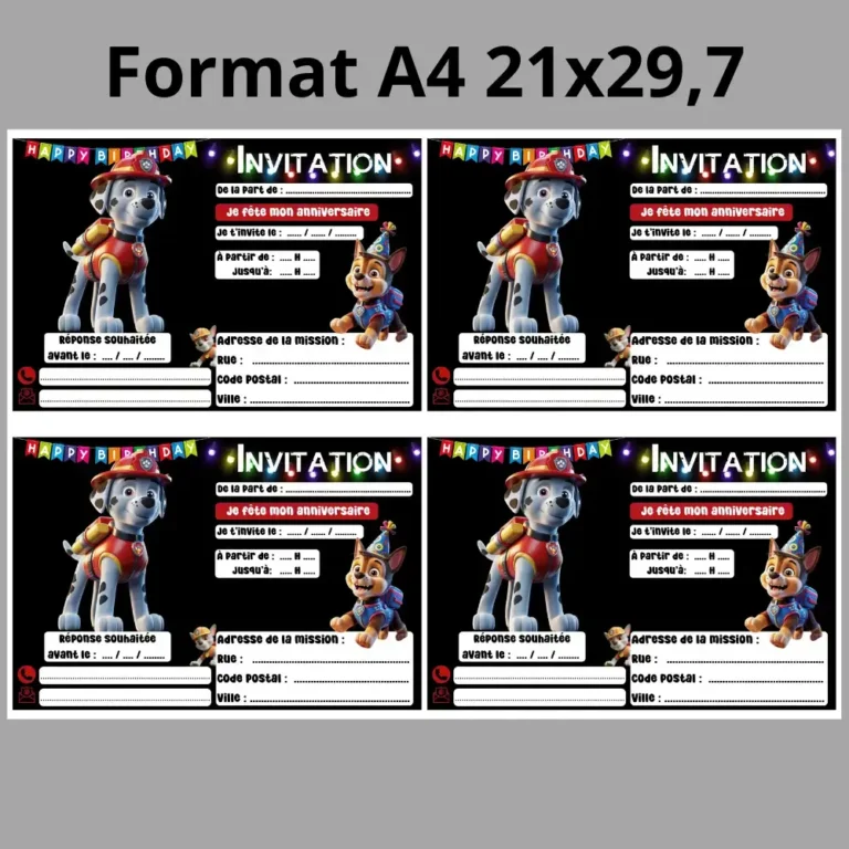 Invitation anniversaire Pat Patrouille au format A4, quatre invitations par feuille