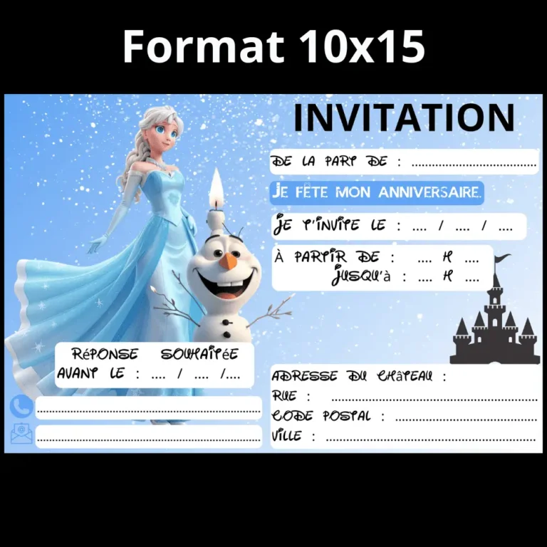 Invitation anniversaire Reine des Neiges au format 10 x 15 cm, une invitation par feuille