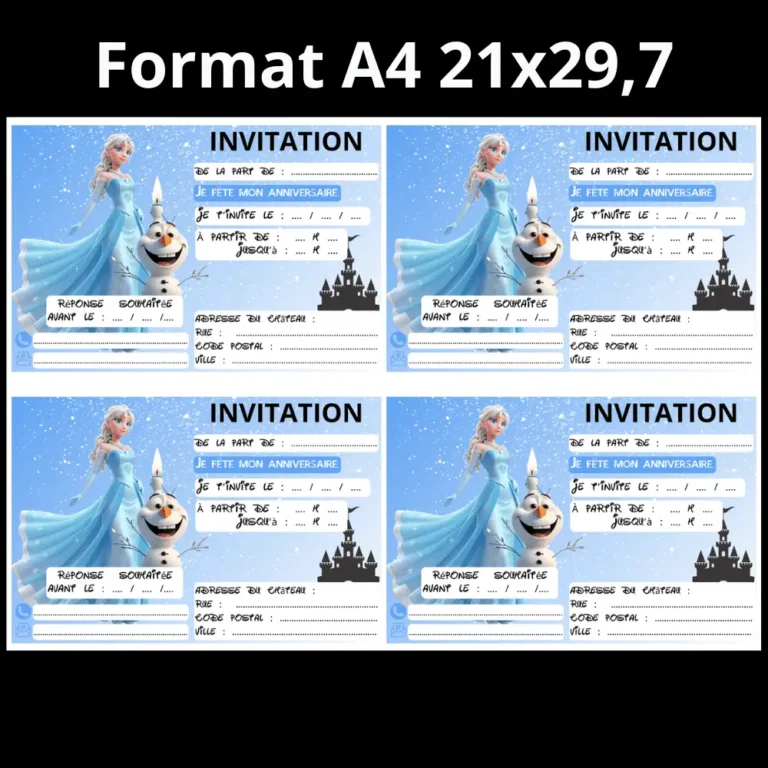 Invitation anniversaire Reine des Neiges au format A4, quatre invitations par feuille