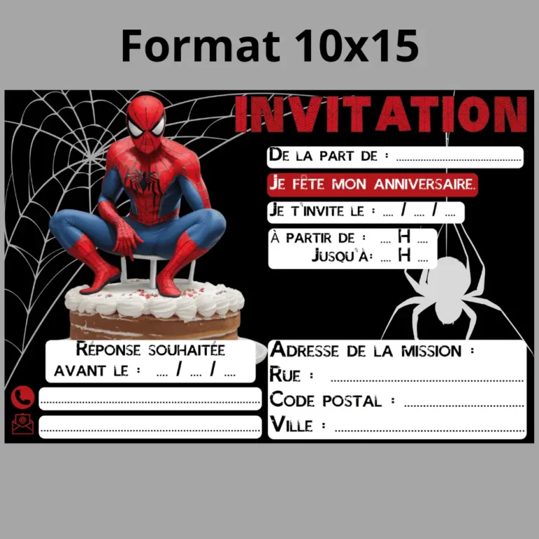 Invitation anniversaire Spiderman au format 10 x 15 cm, une invitation par feuille