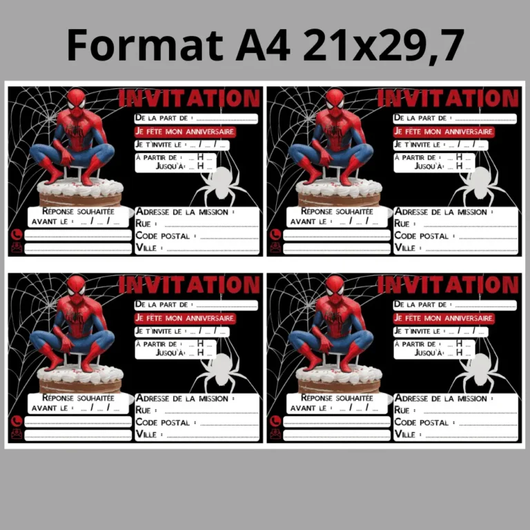 Invitation anniversaire Spiderman au format A4, quatre invitations par feuille