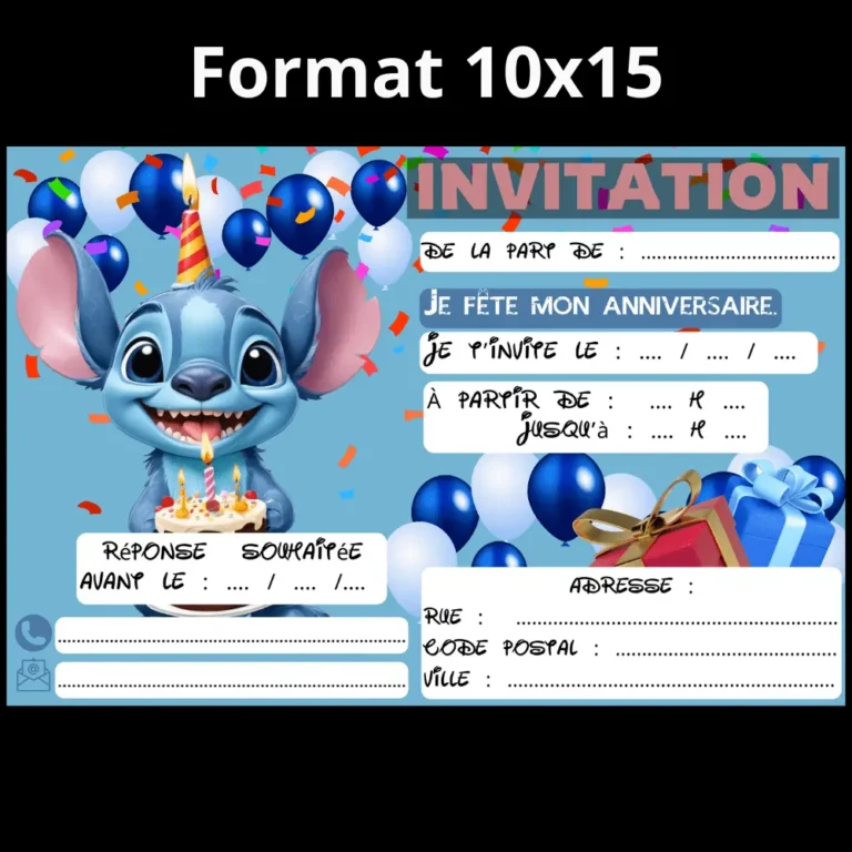 Invitation anniversaire Stitch au format 10 x 15 cm, une invitation par feuille