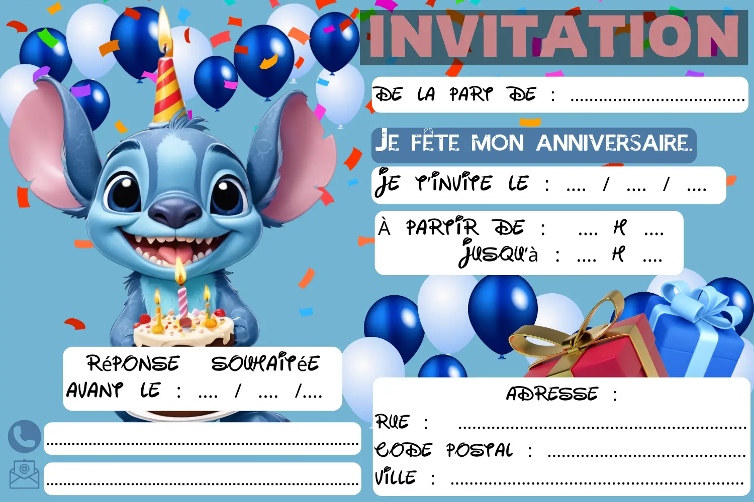 Invitation d'anniversaire Stitch à imprimer, modèle gratuit avec prénom, date et lieu à compléter