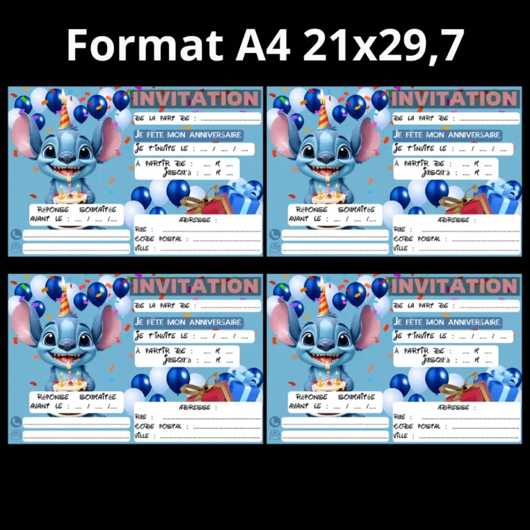 Invitation anniversaire Stitch au format A4, quatre invitations par feuille