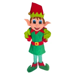 Mascotte lutin du Père Noël en tenue verte et rouge, animation de Noël