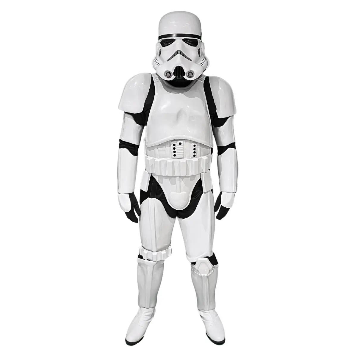 Mascotte Stormtrooper Star Wars en armure blanche lors d'une animation d'anniversaire en Normandie