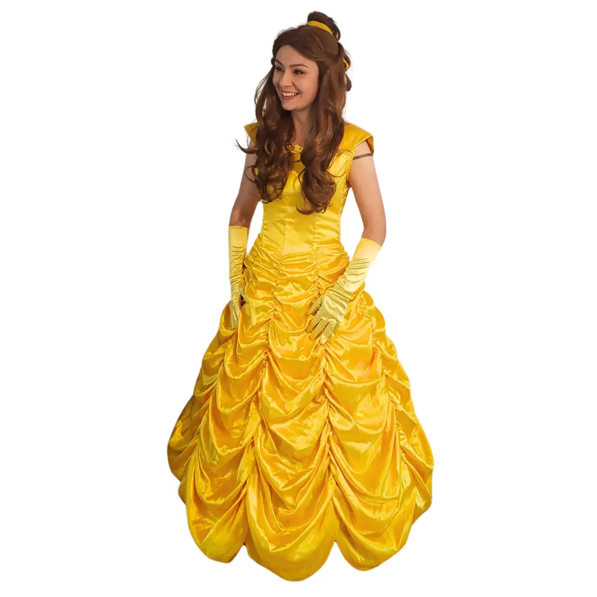 Costume de princesse Belle adulte, robe jaune longue, en location en Normandie